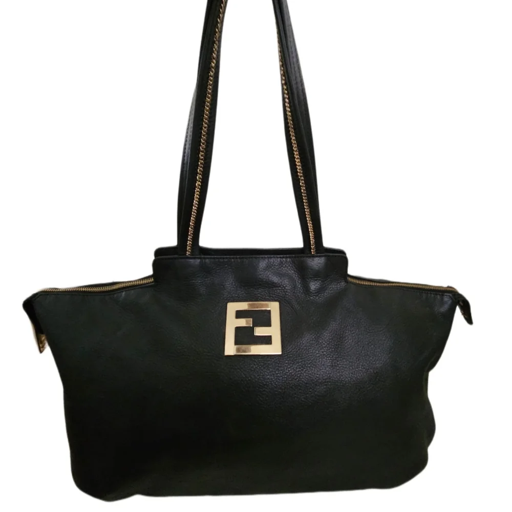 Authentic Extra Large Fendi Black Metallic Nubuck Leather Chain Shoulder Bag - Picture 2 of 16